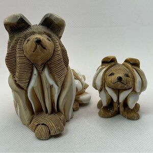 Artesania Rinconada Collie & Puppy pottery Uruguay tan cream retired lot of two